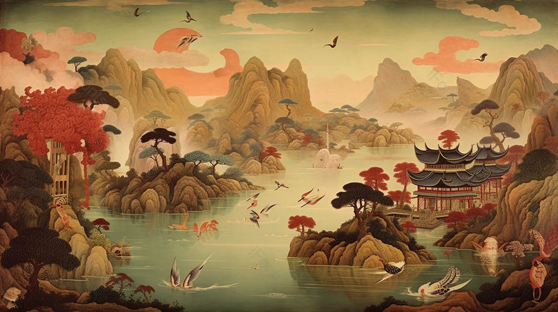 暗色复古国风古典山川湖泊河流植物风景插画,插画/手绘图,插画/手绘图库,插画/手绘图下载,插画/手绘